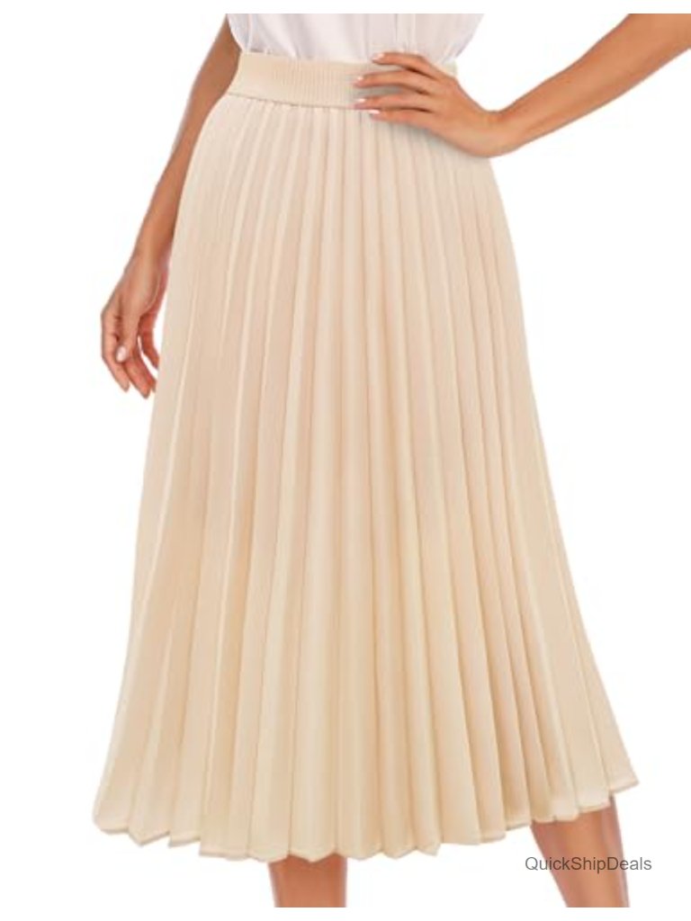 Pleated Midi Skirt Long A-Line Elastic High Waisted Chiffon Skirt